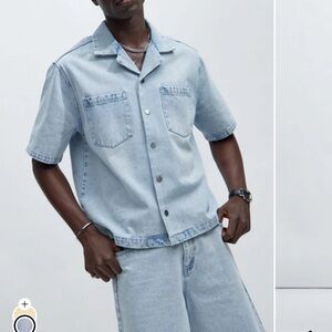 Light Blue Denim Button-Up Shirt and Shorts Set